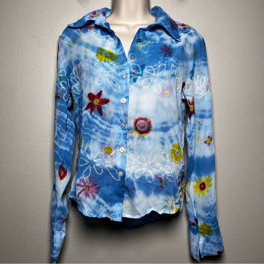 VTG 90s Thalian Xtract Women Western Top Small Blue Floral‎ Sheer Festival Blue